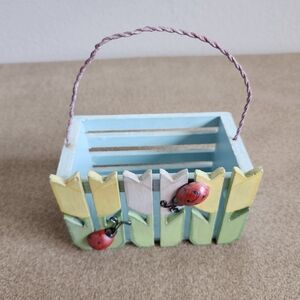 Colorful Hand Painted Wooden Basket with Ladybug Accents